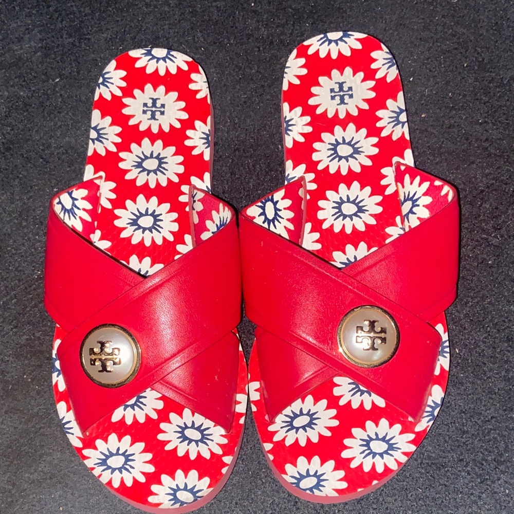 Tory Burch Red and White Floral Sandals